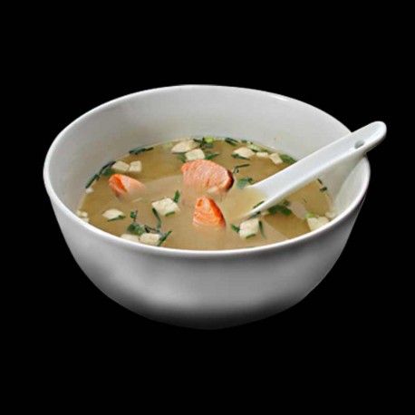Soupe miso saumon, champignon frais, tofu, nori, ciboulette, poireau